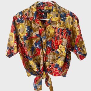Vintage Perry Ellis Cropped Tie-Front Hawaiian Button-Up Shirt Womens Size Large